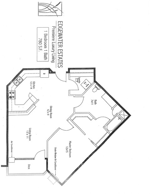 Floor plan for 1 bed, 1 bath, 780 sqft